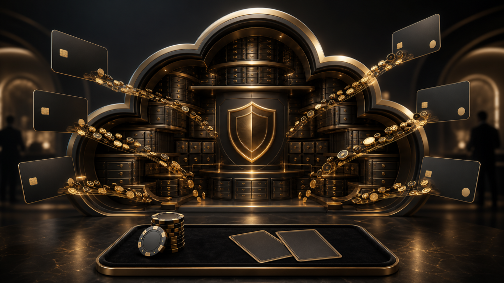 image - Communiqués de presse Luxurious gold vault with a shield emblem, showing streaming cards and coins to symbolize secure online payments and data storage